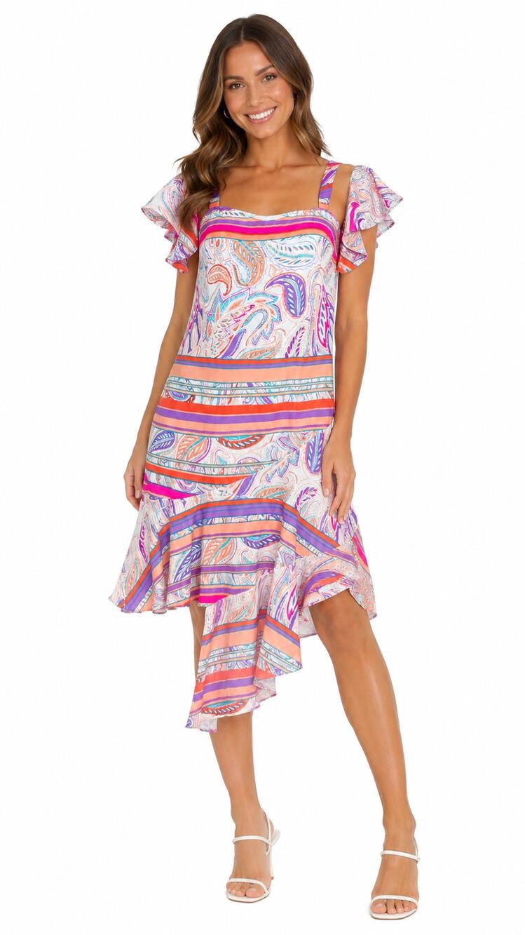 Alice + Trixie 100% Silk Paisley Ruffle Midi Dress Pink Orange XS NWT Y2K